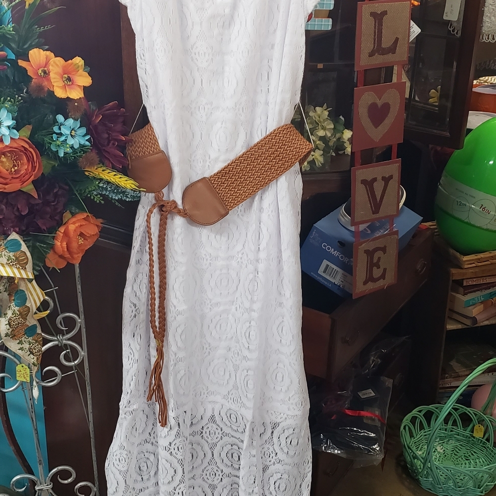White Lace Dress with Brown Woven Belt